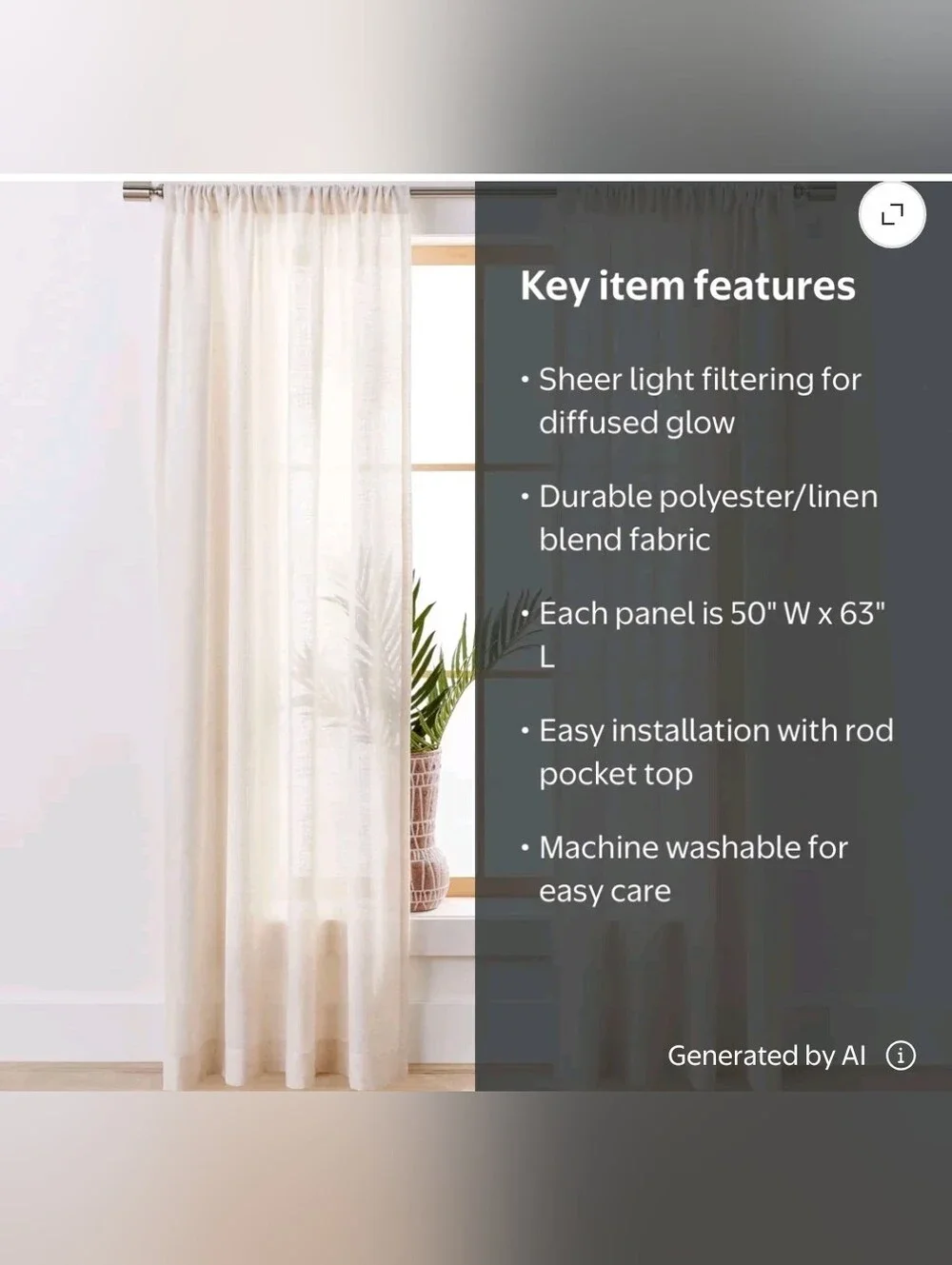 Better Homes & Gardens Light Filtering Linen Blend Rod Pocket Curtain, Single Pa